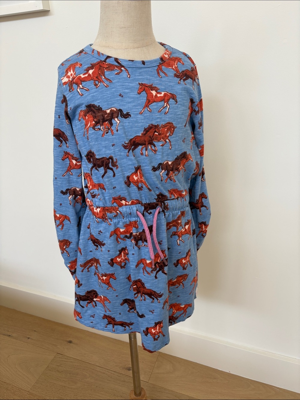 Hatley Light Blue Horse-Print Dress with Pink Drawstring